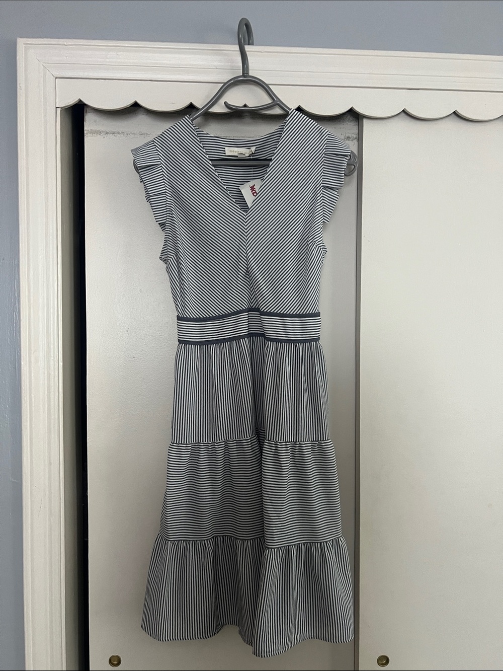 Monteau Navy and White Striped V-Neck Tiered Midi Dress